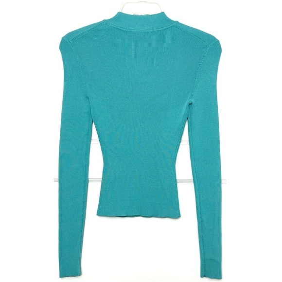 STAUD 90s Turquoise Rib Knit Mockneck Heart Cutout Long Sleeve Slim Fit Top XS - Picture 9 of 12
